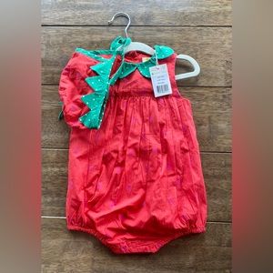 Mini Boden Baby, limited addition strawberry romper and bonnet, size 9-12 months